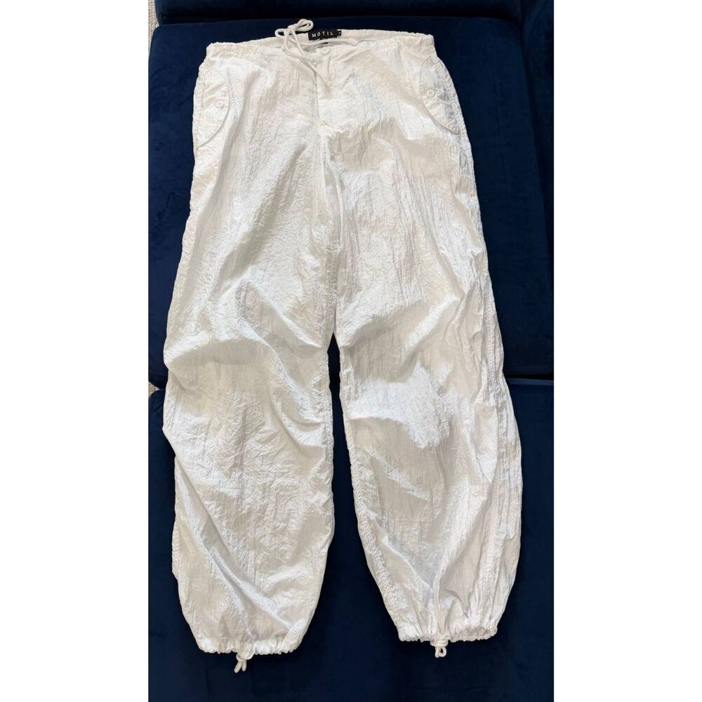Motel Rocks White Parachute Cargo Pants Size S Baggy Wide Leg Y2K Drawstring